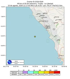 Mapa de aceleración teórica del sismo de magnitud 4 a 49 km al SO de Salaverry, Trujillo - La Libertad, Perú