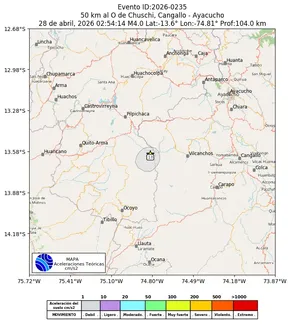 Mapa de aceleración teórica del sismo de magnitud 4 a 50 km al O de Chuschi, Cangallo - Ayacucho, Perú