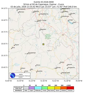 Mapa de aceleración teórica del sismo de magnitud 4 a 50 km al SO de Coporaque, Espinar - Cusco, Perú