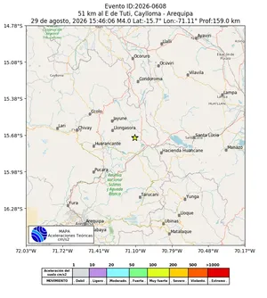 Mapa de aceleración teórica del sismo de magnitud 4 a 51 km al E de Tuti, Caylloma - Arequipa, Perú