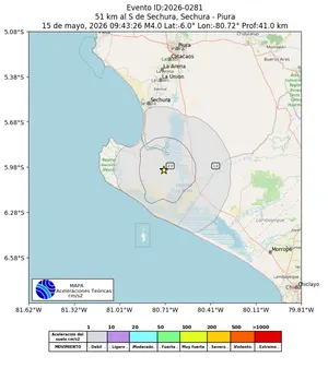 Mapa de aceleración teórica del sismo de magnitud 4 a 51 km al S de Sechura, Sechura - Piura, Perú