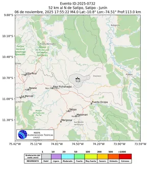 Mapa de aceleración teórica del sismo de magnitud 4 a 52 km al N de Satipo, Satipo - Junín, Perú