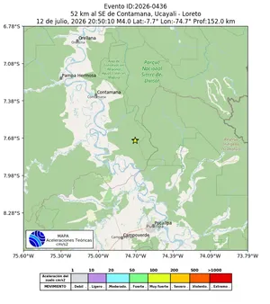 Mapa de aceleración teórica del sismo de magnitud 4 a 52 km al SE de Contamana, Ucayali - Loreto, Perú