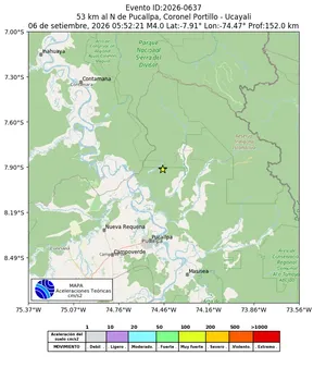 Mapa de aceleración teórica del sismo de magnitud 4 a 53 km al N de Pucallpa, Coronel Portillo - Ucayali, Perú