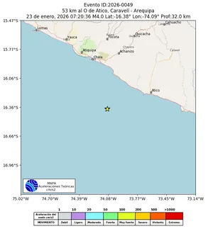 Mapa de aceleración teórica del sismo de magnitud 4 a 53 km al O de Atico, Caravelí - Arequipa, Perú