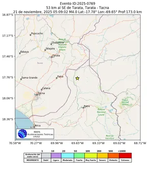 Mapa de aceleración teórica del sismo de magnitud 4 a 53 km al SE de Tarata, Tarata - Tacna, Perú