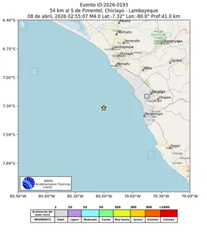 Mapa de aceleración teórica del sismo de magnitud 4 a 54 km al S de Pimentel, Chiclayo - Lambayeque, Perú