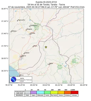 Mapa de aceleración teórica del sismo de magnitud 4 a 54 km al SE de Tarata, Tarata - Tacna, Perú