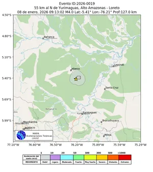 Mapa de aceleración teórica del sismo de magnitud 4 a 55 km al N de Yurimaguas, Alto Amazonas - Loreto, Perú