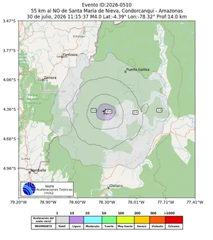 Mapa de aceleración teórica del sismo de magnitud 4 a 55 km al NO de Santa María de Nieva, Condorcanqui - Amazonas, Perú