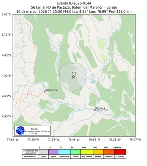 Mapa de aceleración teórica del sismo de magnitud 4 a 56 km al NO de Pastaza, Datem del Marañón - Loreto, Perú