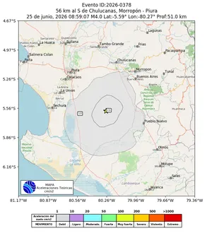 Mapa de aceleración teórica del sismo de magnitud 4 a 56 km al S de Chulucanas, Morropón - Piura, Perú