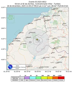 Mapa de aceleración teórica del sismo de magnitud 4 a 56 km al SE de Zorritos, Contralmirante Villar - Tumbes, Perú