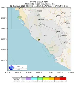 Mapa de aceleración teórica del sismo de magnitud 4 a 59 km al NO de San Juan, Nasca - Ica, Perú
