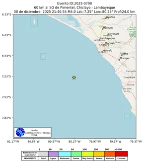 Mapa de aceleración teórica del sismo de magnitud 4 a 60 km al SO de Pimentel, Chiclayo - Lambayeque, Perú