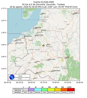 Mapa de aceleración teórica del sismo de magnitud 4 a 61 km al E de Zarumilla, Zarumilla - Tumbes, Perú