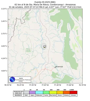 Mapa de aceleración teórica del sismo de magnitud 4 a 61 km al N de Sta. Maria De Nieva, Condorcanqui - Amazonas, Perú