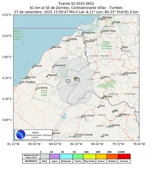 Mapa de aceleración teórica del sismo de magnitud 4 a 61 km al SE de Zorritos, Contralmirante Villar - Tumbes, Perú