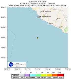 Mapa de aceleración teórica del sismo de magnitud 4 a 61 km al SO de Lomas, Caravelí - Arequipa, Perú