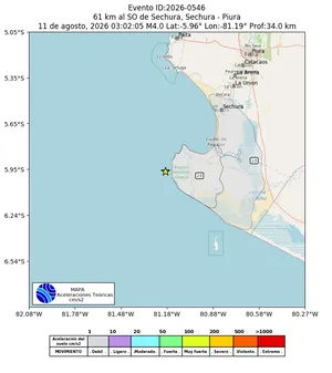 Mapa de aceleración teórica del sismo de magnitud 4 a 61 km al SO de Sechura, Sechura - Piura, Perú