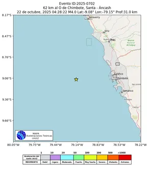 Mapa de aceleración teórica del sismo de magnitud 4 a 62 km al O de Chimbote, Santa - Áncash, Perú