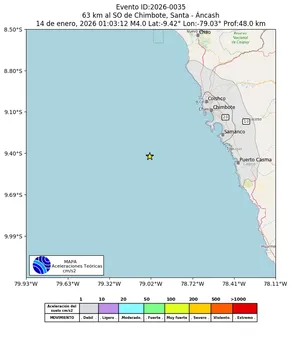 Mapa de aceleración teórica del sismo de magnitud 4 a 63 km al SO de Chimbote, Santa - Áncash, Perú