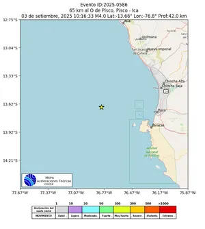 Mapa de aceleración teórica del sismo de magnitud 4 a 65 km al O de Pisco, Pisco - Ica, Perú