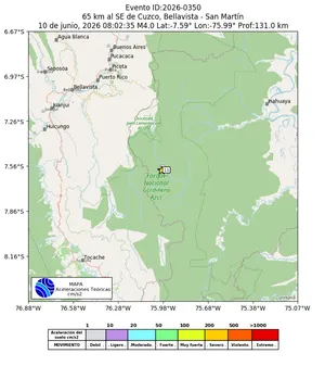 Mapa de aceleración teórica del sismo de magnitud 4 a 65 km al SE de Cuzco, Bellavista - San Martín, Perú