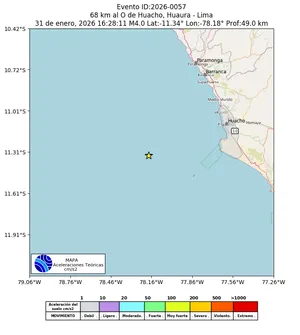 Mapa de aceleración teórica del sismo de magnitud 4 a 68 km al O de Huacho, Huaura - Lima, Perú
