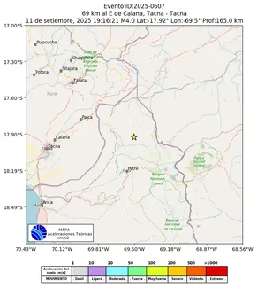 Mapa de aceleración teórica del sismo de magnitud 4 a 69 km al E de Calana, Tacna - Tacna, Perú