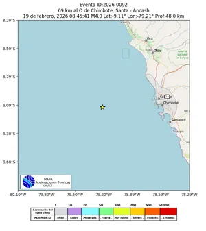 Mapa de aceleración teórica del sismo de magnitud 4 a 69 km al O de Chimbote, Santa - Áncash, Perú
