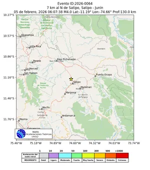 Mapa de aceleración teórica del sismo de magnitud 4 a 7 km al N de Satipo, Satipo - Junín, Perú