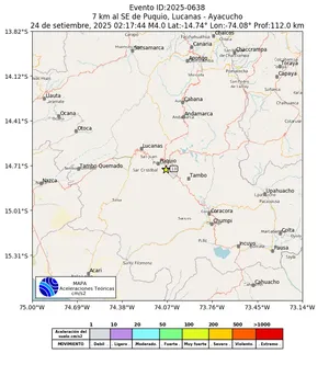 Mapa de aceleración teórica del sismo de magnitud 4 a 7 km al SE de Puquio, Lucanas - Ayacucho, Perú