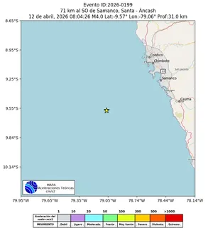 Mapa de aceleración teórica del sismo de magnitud 4 a 71 km al SO de Samanco, Santa - Áncash, Perú