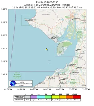Mapa de aceleración teórica del sismo de magnitud 4 a 72 km al N de Zarumilla, Zarumilla - Tumbes, Perú