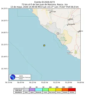 Mapa de aceleración teórica del sismo de magnitud 4 a 73 km al O de San Juan de Marcona, Nasca - Ica, Perú