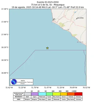 Mapa de aceleración teórica del sismo de magnitud 4 a 75 km al S de Ilo, Ilo - Moquegua, Perú