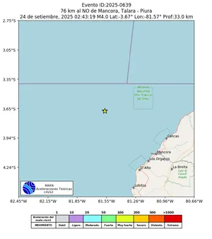 Mapa de aceleración teórica del sismo de magnitud 4 a 76 km al NO de Mancora, Talara - Piura, Perú