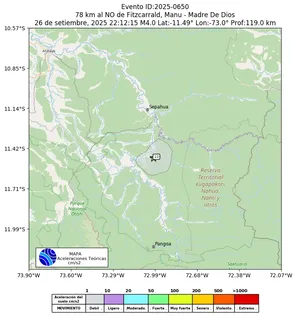 Mapa de aceleración teórica del sismo de magnitud 4 a 78 km al NO de Fitzcarrald, Manu - Madre De Dios, Perú