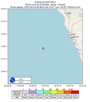 Mapa de aceleración teórica del sismo de magnitud 4 a 78 km al O de Chimbote, Santa - Ancash, Perú
