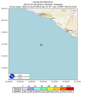 Mapa de aceleración teórica del sismo de magnitud 4 a 78 km al S de Quilca, Camaná - Arequipa, Perú
