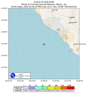 Mapa de aceleración teórica del sismo de magnitud 4 a 80 km al O de San Juan de Marcona, Nasca - Ica, Perú