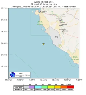 Mapa de aceleración teórica del sismo de magnitud 4 a 81 km al SO de Ica, Ica - Ica, Perú