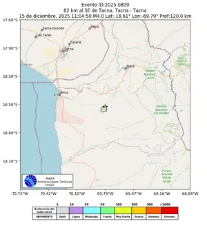 Mapa de aceleración teórica del sismo de magnitud 4 a 82 km al SE de Tacna, Tacna - Tacna, Perú