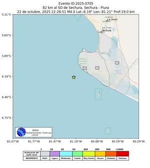 Mapa de aceleración teórica del sismo de magnitud 4 a 82 km al SO de Sechura, Sechura - Piura, Perú