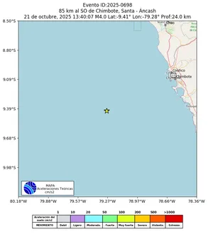 Mapa de aceleración teórica del sismo de magnitud 4 a 85 km al SO de Chimbote, Santa - Áncash, Perú