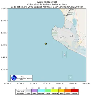 Mapa de aceleración teórica del sismo de magnitud 4 a 87 km al SO de Sechura, Sechura - Piura, Perú