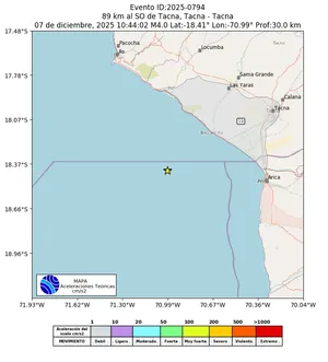 Mapa de aceleración teórica del sismo de magnitud 4 a 89 km al SO de Tacna, Tacna - Tacna, Perú