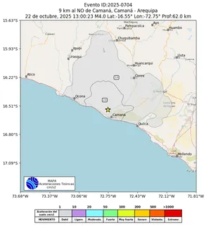 Mapa de aceleración teórica del sismo de magnitud 4 a 9 km al NO de Camaná, Camaná - Arequipa, Perú