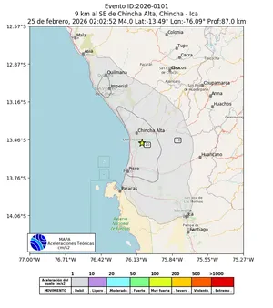 Mapa de aceleración teórica del sismo de magnitud 4 a 9 km al SE de Chincha Alta, Chincha - Ica, Perú